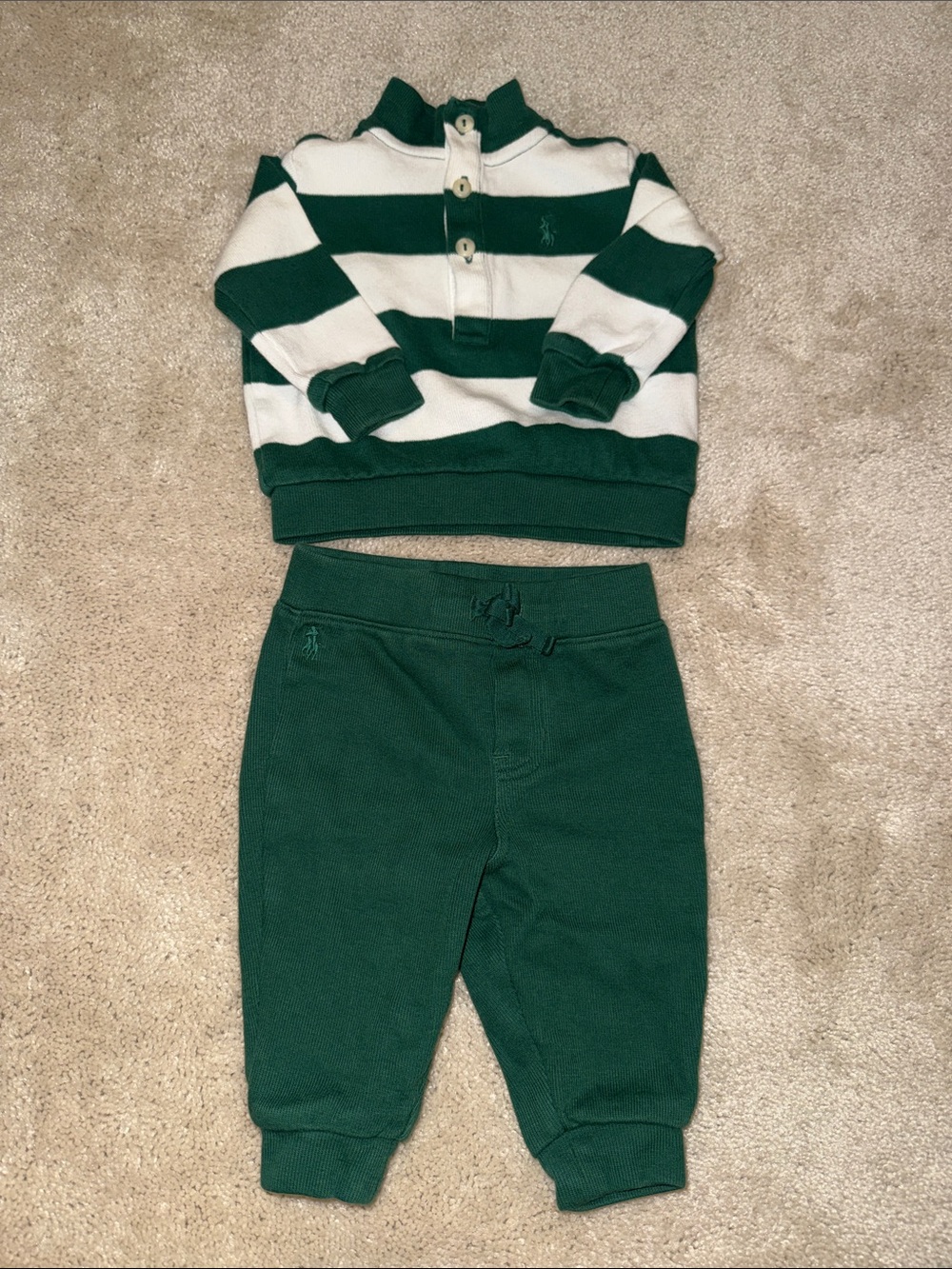 Ralph Lauren Green and White Striped Pullover with Solid Green Joggers